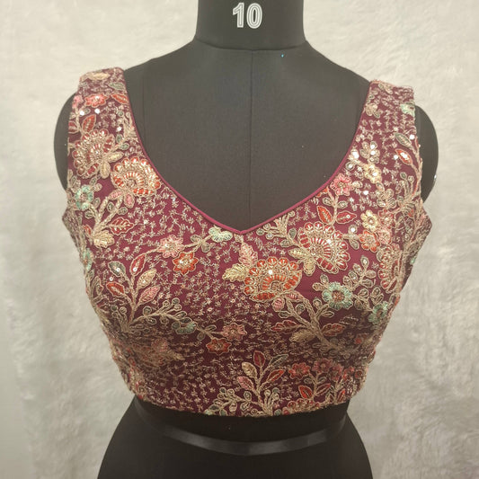Kia Fashions Wine Georgette Multi Color Emb & Sqn Readymade Blouse