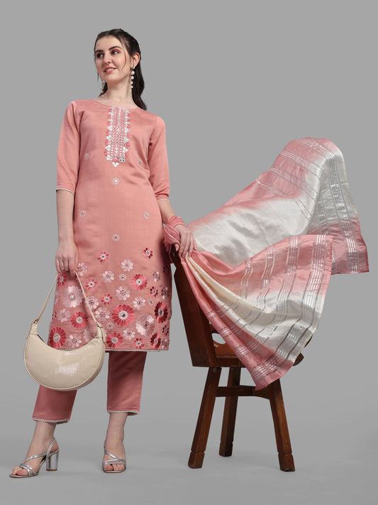 Embroidered Kurta With Pant & Dupatta Set, Multicolor - Hiral Fashion