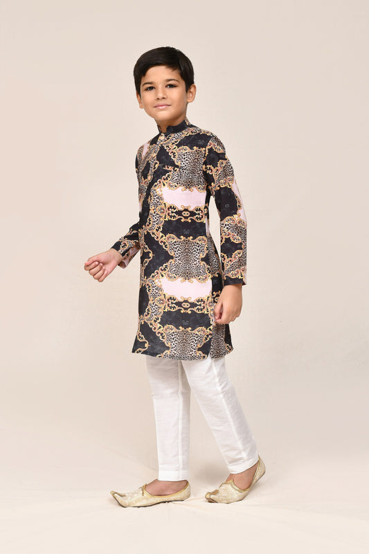 Joban Fashion Cotton Silk Black Kurta With Straight Fit Pant