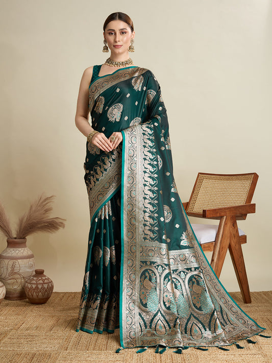 Dwija Fashion Green Wedding Wear Satin Jari Motifs All Over Pallu And Saree With Unstitched Blouse