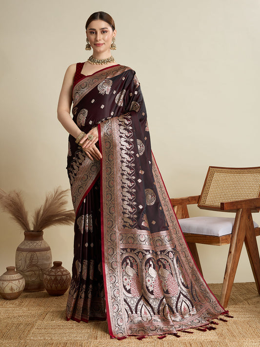 Dwija Fashion Deep Maroon Wedding Wear Satin Jari Motifs All Over Pallu And Saree With Unstitched Blouse
