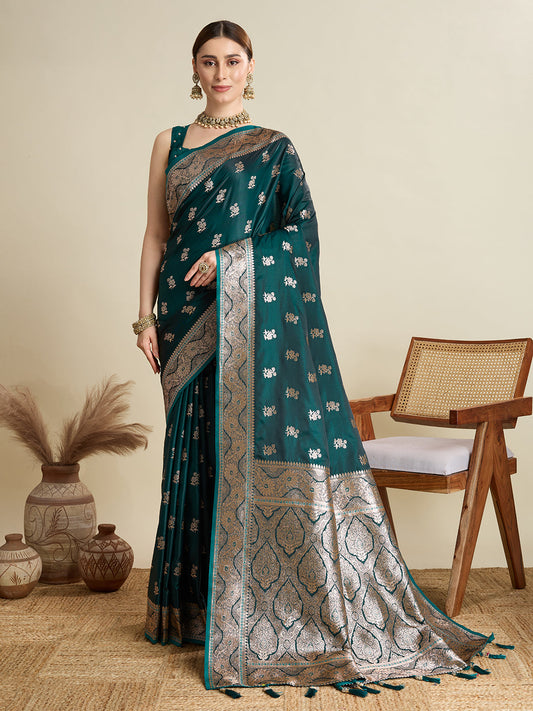 Dwija Fashion Green Wedding Wear Satin Jari Motifs All Over Pallu And Saree With Unstitched Blouse