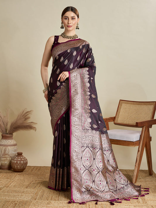 Dwija Fashion Deep Maroon Wedding Wear Satin Jari Motifs All Over Pallu And Saree With Unstitched Blouse