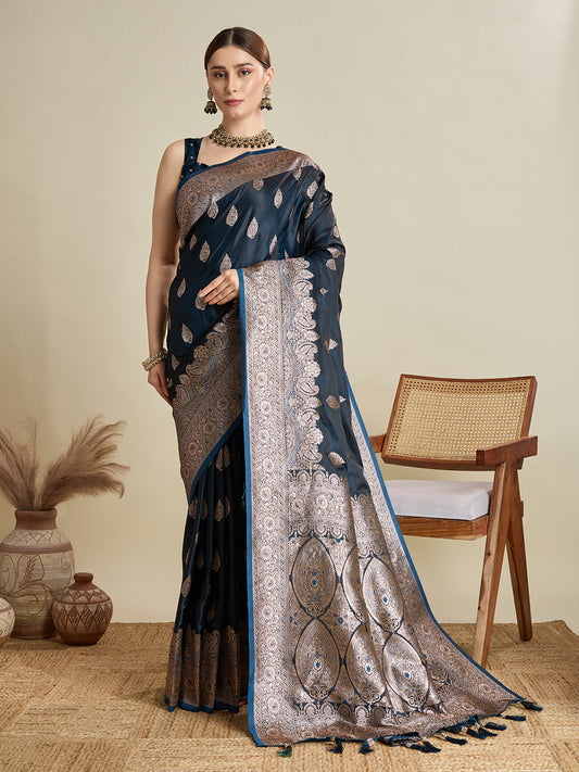 Dwija Fashion Deep Teal Blue Wedding Wear Satin Jari Motifs All Over Pallu And Saree With Unstitched Blouse