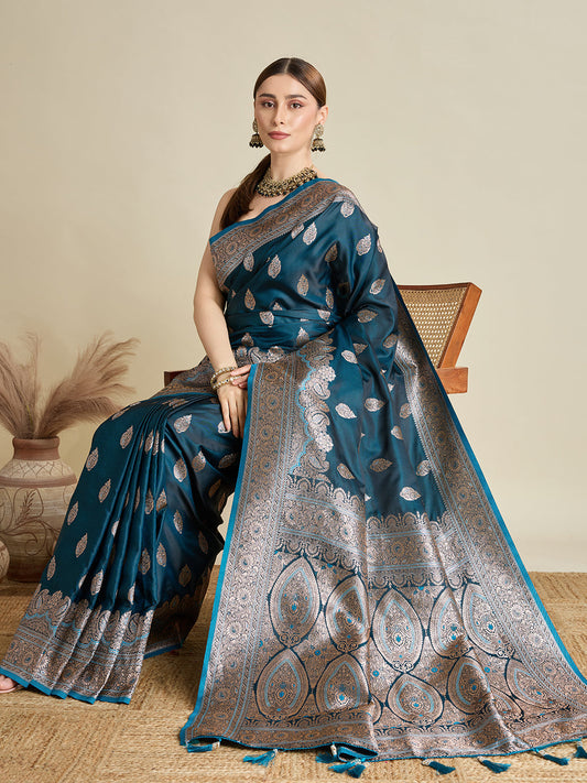 Dwija Fashion Teal Blue Wedding Wear Satin Jari Motifs All Over Pallu And Saree With Unstitched Blouse