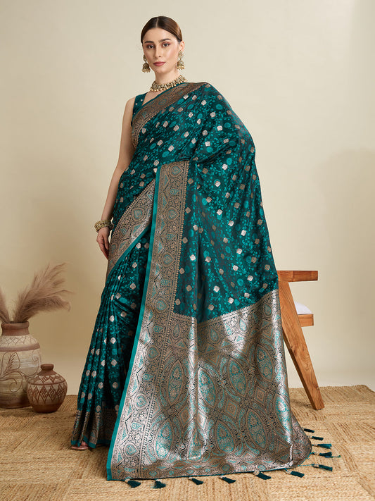 Dwija Fashion Green Wedding Wear Satin Jari Motifs All Over Pallu And Saree With Unstitched Blouse