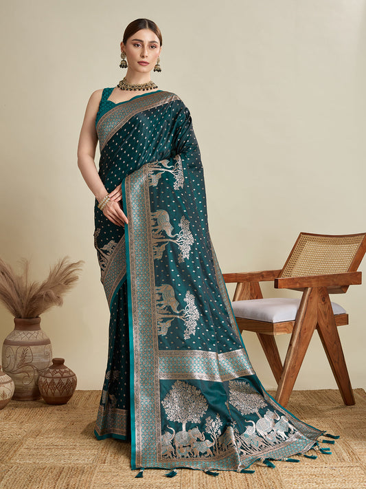 Dwija Fashion Teal Blue Wedding Wear Satin Jari Motifs All Over Pallu And Saree With Unstitched Blouse