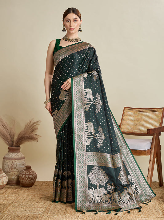 Dwija Fashion Green Wedding Wear Satin Jari Motifs All Over Pallu And Saree With Unstitched Blouse