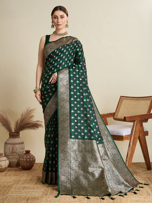 Dwija Fashion Deep Green Wedding Wear Satin Jari Motifs All Over Pallu And Saree With Unstitched Blouse