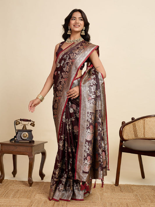Dwija Fashion Deep Maroon Wedding Wear Satin Jari Motifs All Over Pallu And Saree With Unstitched Blouse