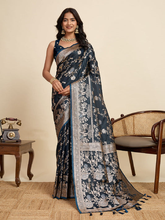 Dwija Fashion Teal Blue Wedding Wear Satin Jari Motifs All Over Pallu And Saree With Unstitched Blouse