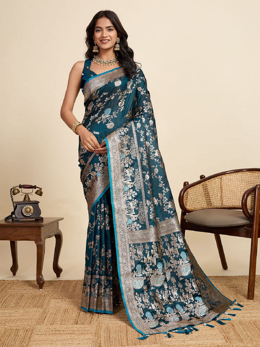 Dwija Fashion Teal Blue Wedding Wear Satin Jari Motifs All Over Pallu And Saree With Unstitched Blouse