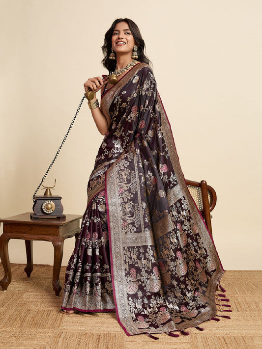 Dwija Fashion Deep Maroon Wedding Wear Satin Jari Motifs All Over Pallu And Saree With Unstitched Blouse