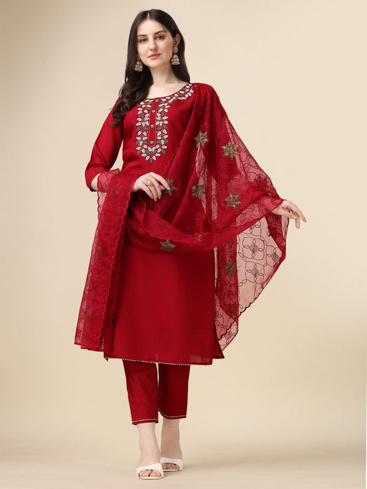 Embroidered Kurta With Pant And Organza Dupatta Set, Multicolor - Hiral Fashion