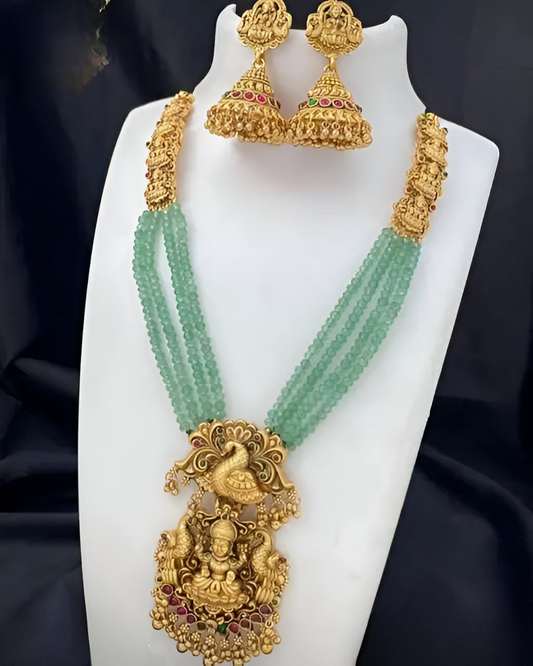 Jewel City Gold-Plated Temple Jewelry Set with Green Beads – Lakshmi & Peacock Design | Swadesiicart