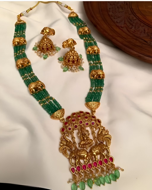 Jewel City Emerald Temple Jewelry Set | Antique Gold Lakshmi Pendant Necklace with Elephant Motifs Grab2Buy Jewel City Grab2Buy