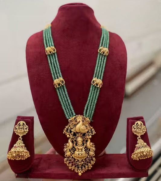 Jewel City Traditional Multi-Strand Green Temple Lakshmi Pendant Necklace Set Antique Gold-Plated South Indian Bridal Jewelry Set | Grab2Buy