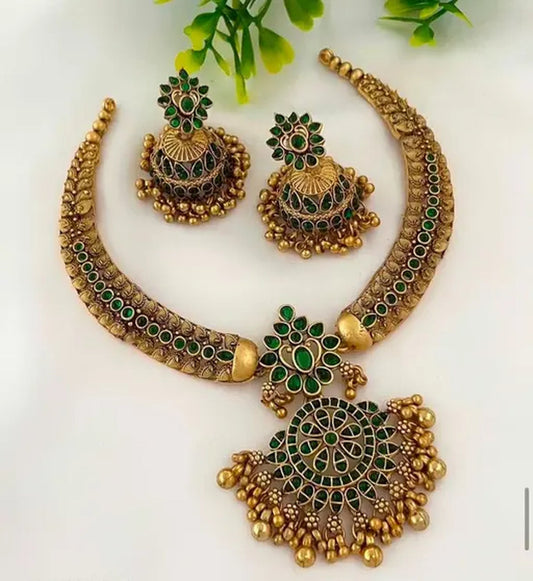 Jewel City Traditional Gold-Plated Kundan Necklace Set with Green Stones Handcrafted Ethnic Bridal Jewelry- Festival & Wedding Wear