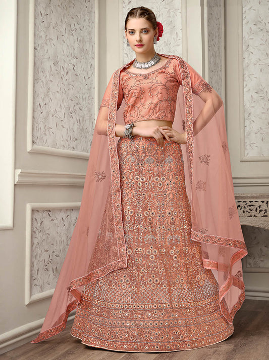 Myra Peach Net Heavy Embroidered Lehenga Choli