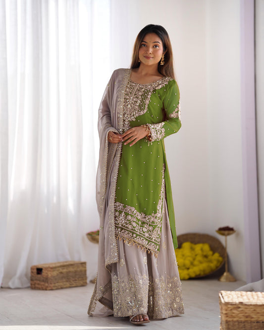 Teeya Creation Parrot Green Color Faux Georgette Heavy Embroidery Work Pakistani Fully Stitched Salwar Suit