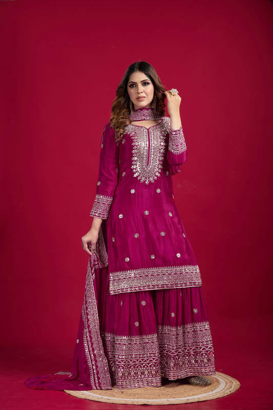 Teeya Creation Rani Color Chinnon Silk Heavy Embroidery Work Fully Stitched Sharara Suit
