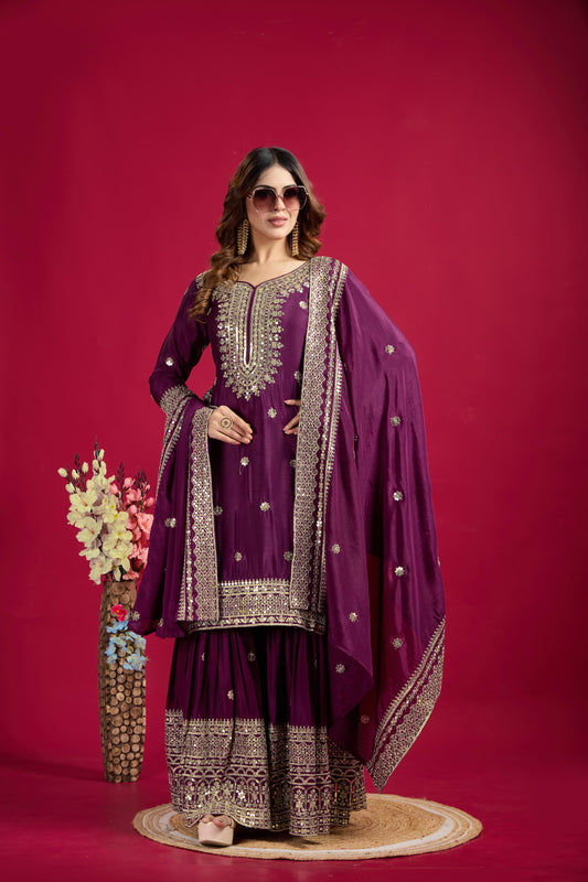 Teeya Creation Violet Color Chinnon Silk Heavy Embroidery Work Fully Stitched Sharara Suit