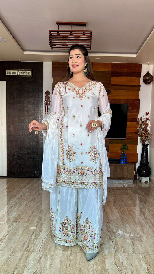 Teeya Creation White Color Chinon Silk Heavy Embroidery Work Fully Stitched Salwar Suit