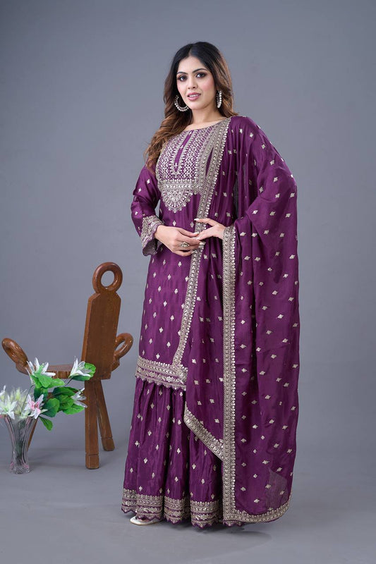 Teeya Creation Wine Color Chinon Silk Heavy Embroidery Work Pakistani Fully Stitched Salwar Suit