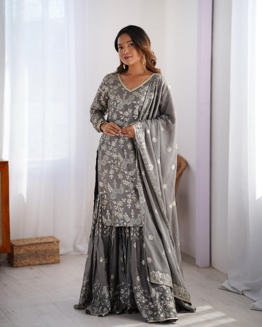 Teeya Creation Grey Color Chinnon Silk Embroidery Work Fully Stitched Salwar Suit