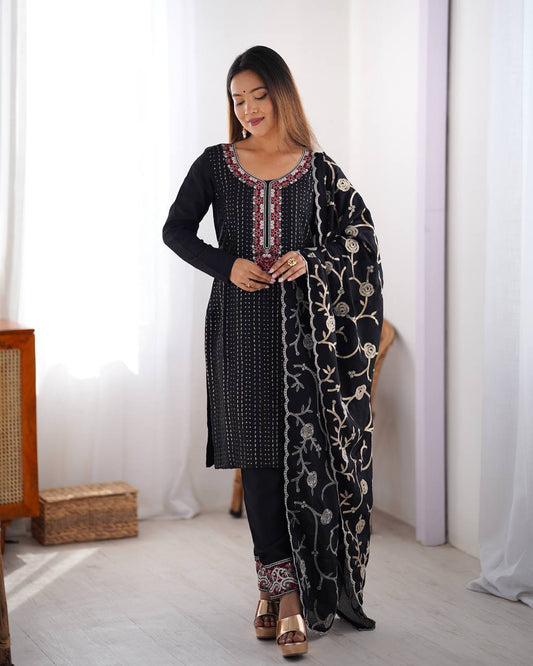 Teeya Creation Black Color Chinnon Silk Embroidery Work Fully Stitched Pakistani Suit