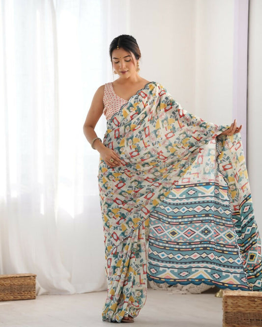 Off White Chinon Designer Digital Printed & Mirror Cut Work Saree - Kriti