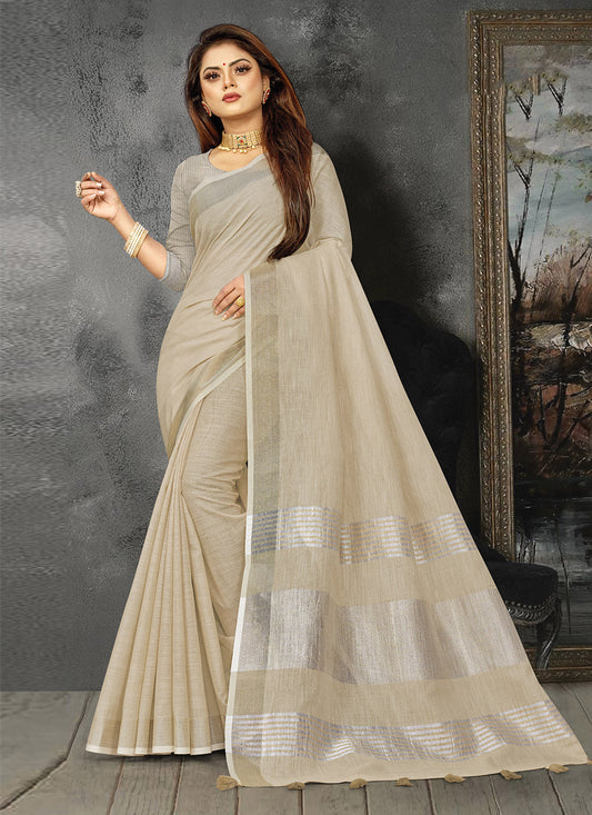 Shree Shyam Fashion Elegant Cream Woven Linen Saree with Contrast Zari Border & Tassels - Soft & Breathable Party Wear