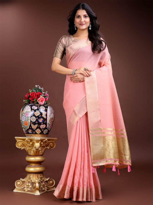 Shree Shyam Fashion Pink Cotton Woven Zari Work Traditional Tassel Saree