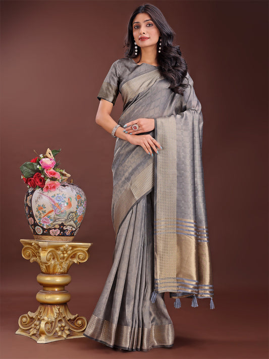 Shree Shyam Fashion Grey Organza Saree with Golden Zari Border | Elegant Soft Lightweight Party Wear Saree with Blouse