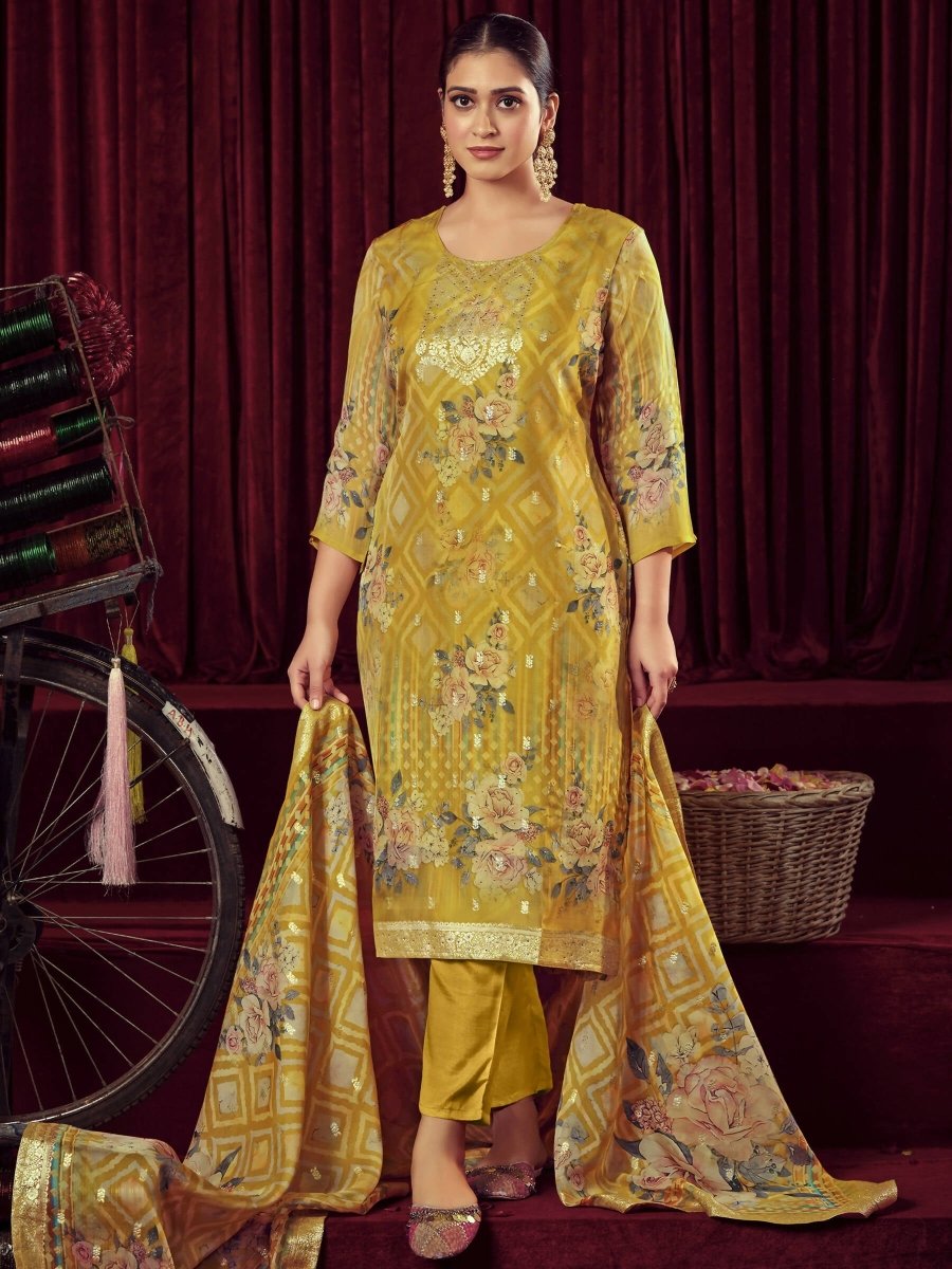 Aastha Fashion Women's Mustard Organza Jacquard Woven Kurta with Trouser & Dupatta - Grab2buy