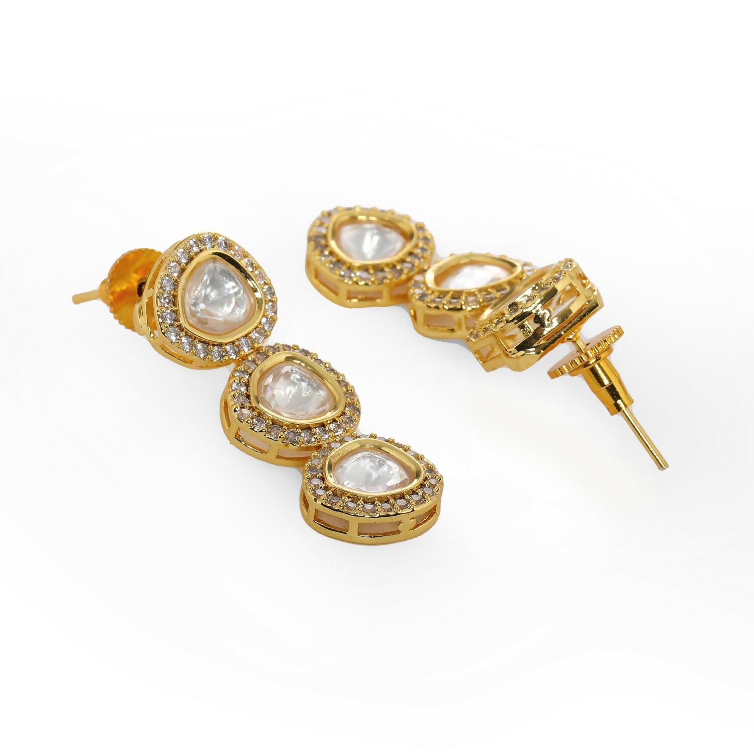 Uncut 3 Tier Kundan Dangler Earrings (Gold) - Ruby Raang - Grab2buy
