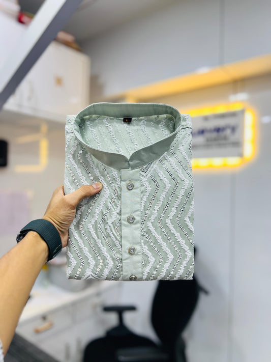 Neera Trendz Light Green Soft Silk Embroidered Men's Kurta Pyjama