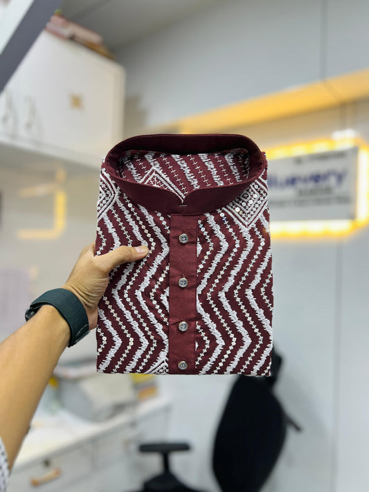 Neera Trendz Maroon Soft Silk Embroidered Men's Kurta Pyjama
