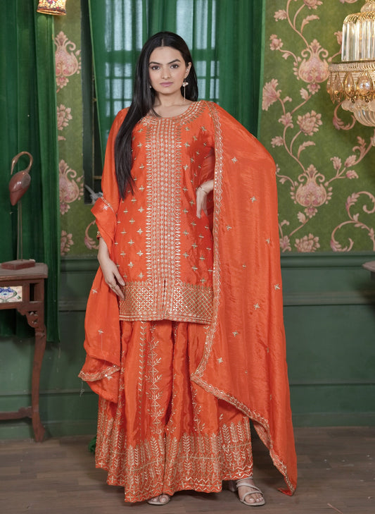 Lehenga Mart Designer Chinon Sharara Suit With Sequence Embroidered Work - Orange