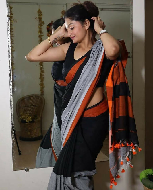 Exclusive Collection Beautiful black Gray Pure Cotton Woven Handloom Grab2Buy With Running Blouse Piece