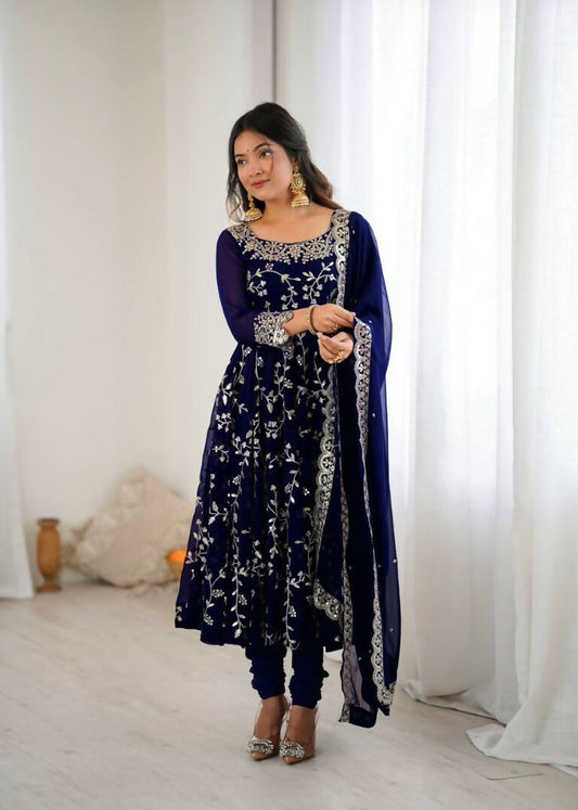 Teeya Creation Blue Color Heavy Faux Georgette Embroidery Work Gown
