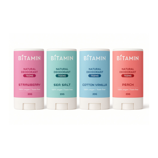 Bitamin Natural Strawberry, Seasalt, Cotton Vanilla, Peach Deodorant Teens
