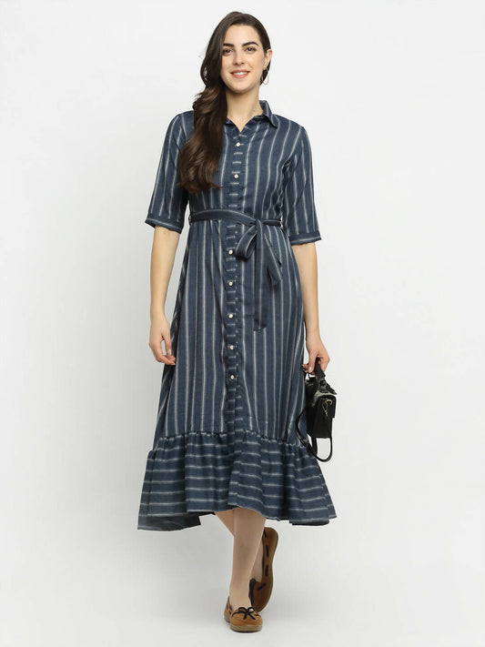 Rudra Bazaar Grey A-Line Striped Kurta