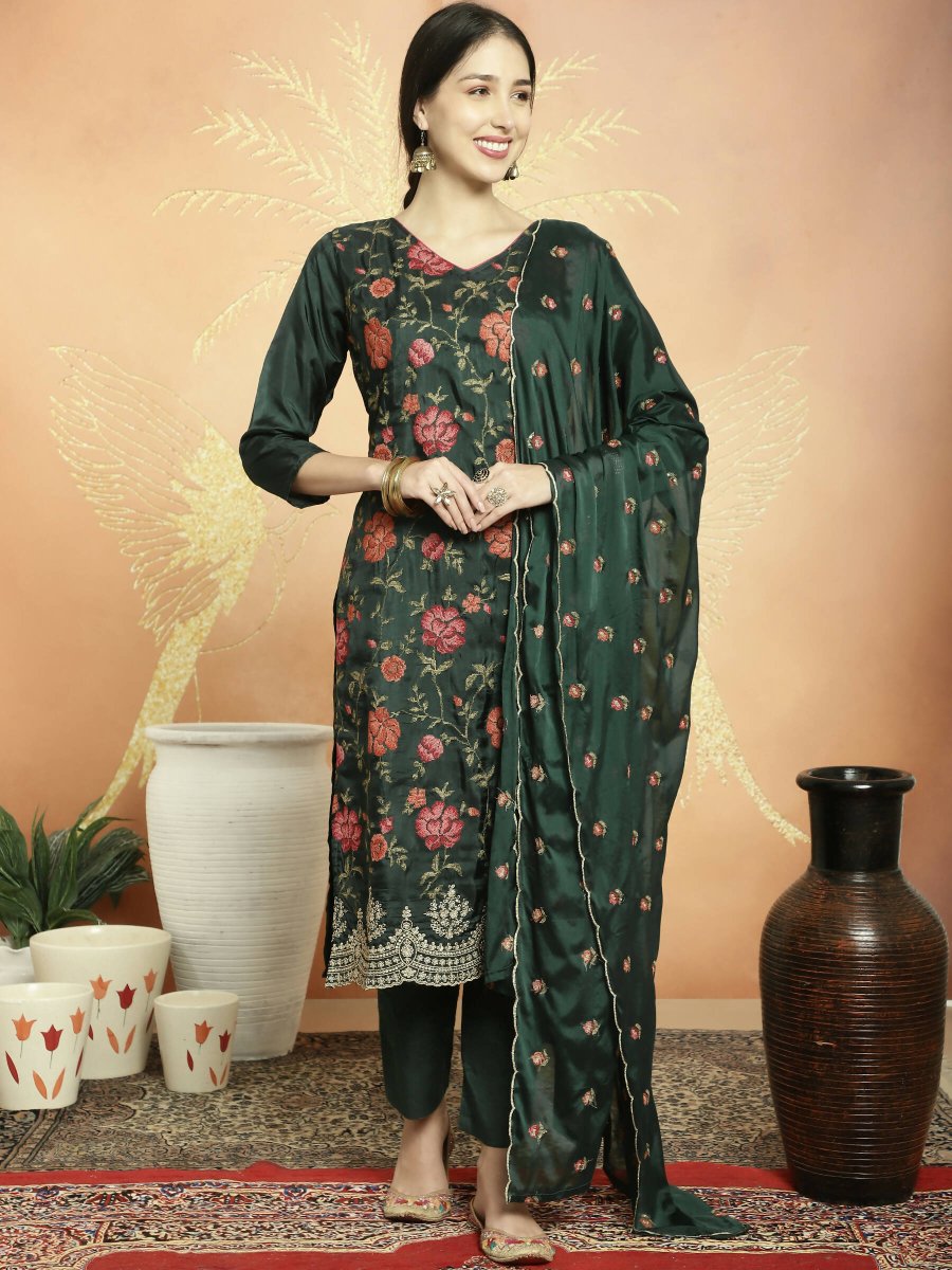 Aastha Fashion Women's Green Upada Silk Floral Resham Thread Kurta with Trouser & Dupatta - Grab2buy