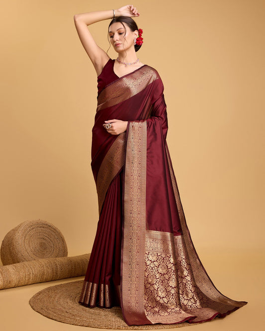 Vedant Vastram Soft Litchi Silk Banarasi Silk Saree - Maroon | Swadesiicart