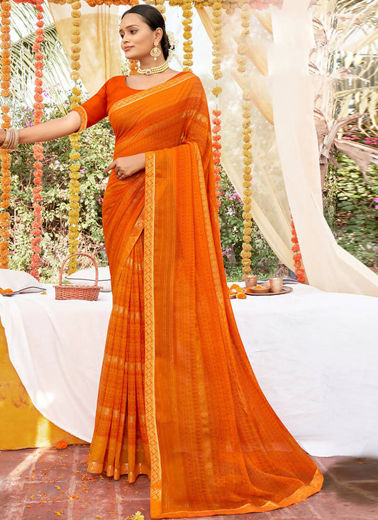 Orange Georgette Foil Printed Saree with Unstitched Blouse Piece - Avika