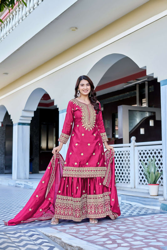 Teeya Creation Pink Color Chinon Silk Heavy Embroidery Work Wedding Wear Sharara