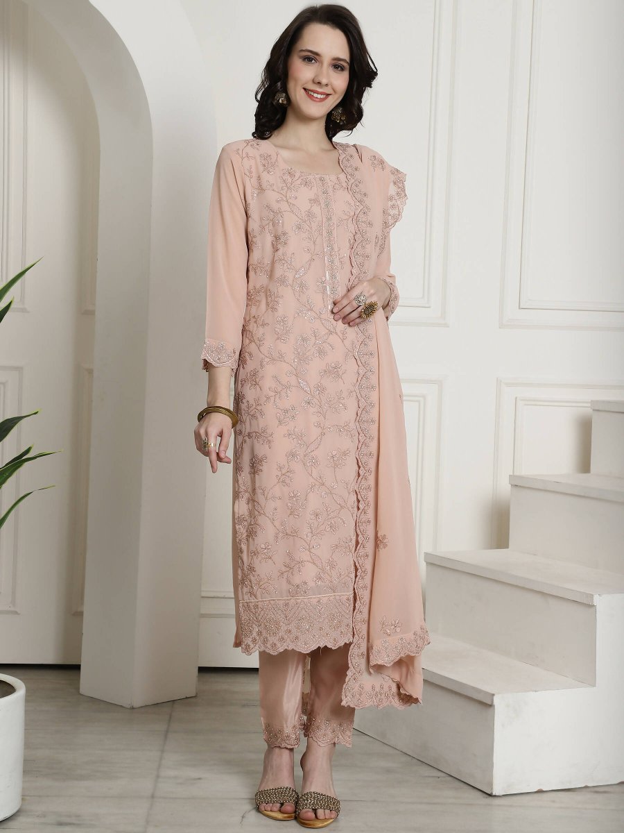 Aastha Fashion Women's Peach Georgette Floral Resham Thread with Cording & Crystal work Kurta with Trouser & Dupatta - Grab2buy