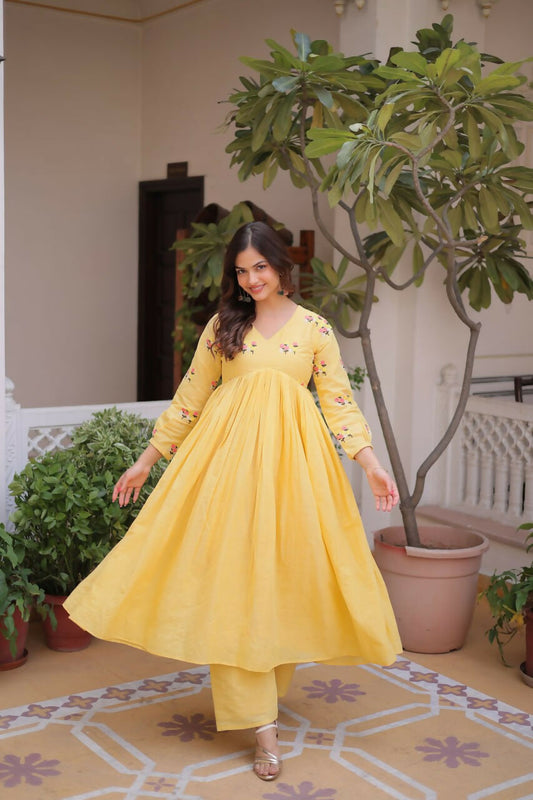 Teeya Creation Womens New Summer Wear Cotton Fabric With Embroidered Work Gown Set
