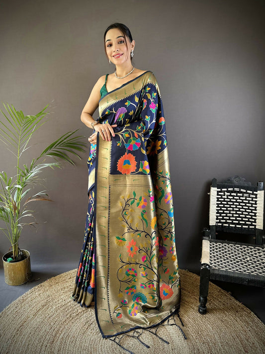 Joban Fashion Navy Blue Zari Woven Floral Motifs Soft Silk Paithani Silk Saree